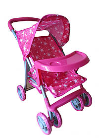 Коляска для ляльок рожева 9304BW-T: Складна модель з козирком, підносом та металевим каркасом