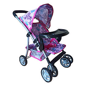 Коляска для ляльок фіолетова 9304BW-T: Складна модель з козирком, підносом та металевим каркасом