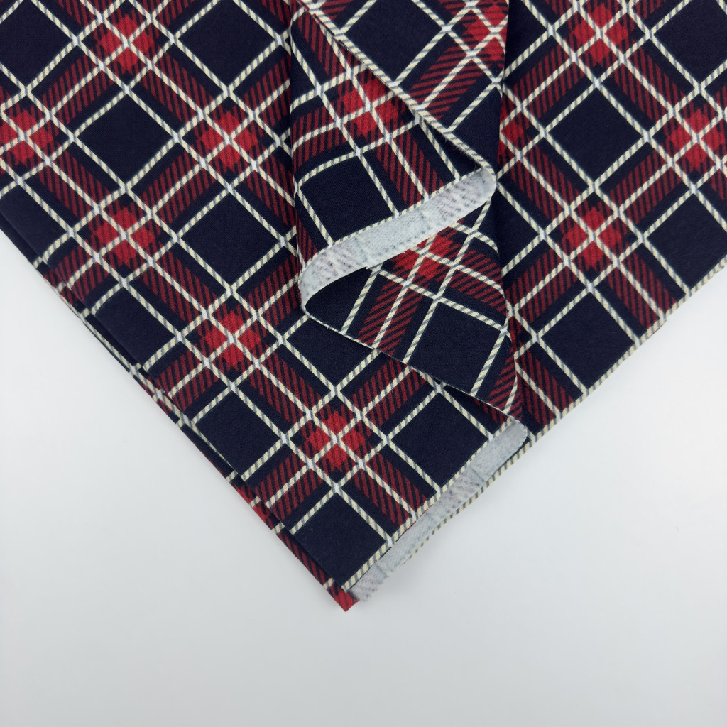 Футер двунитка с начесом "Клітинка синьо червона" - 180см. 100%хб ВІДРІЗ 0.75см- витягнуте полотно