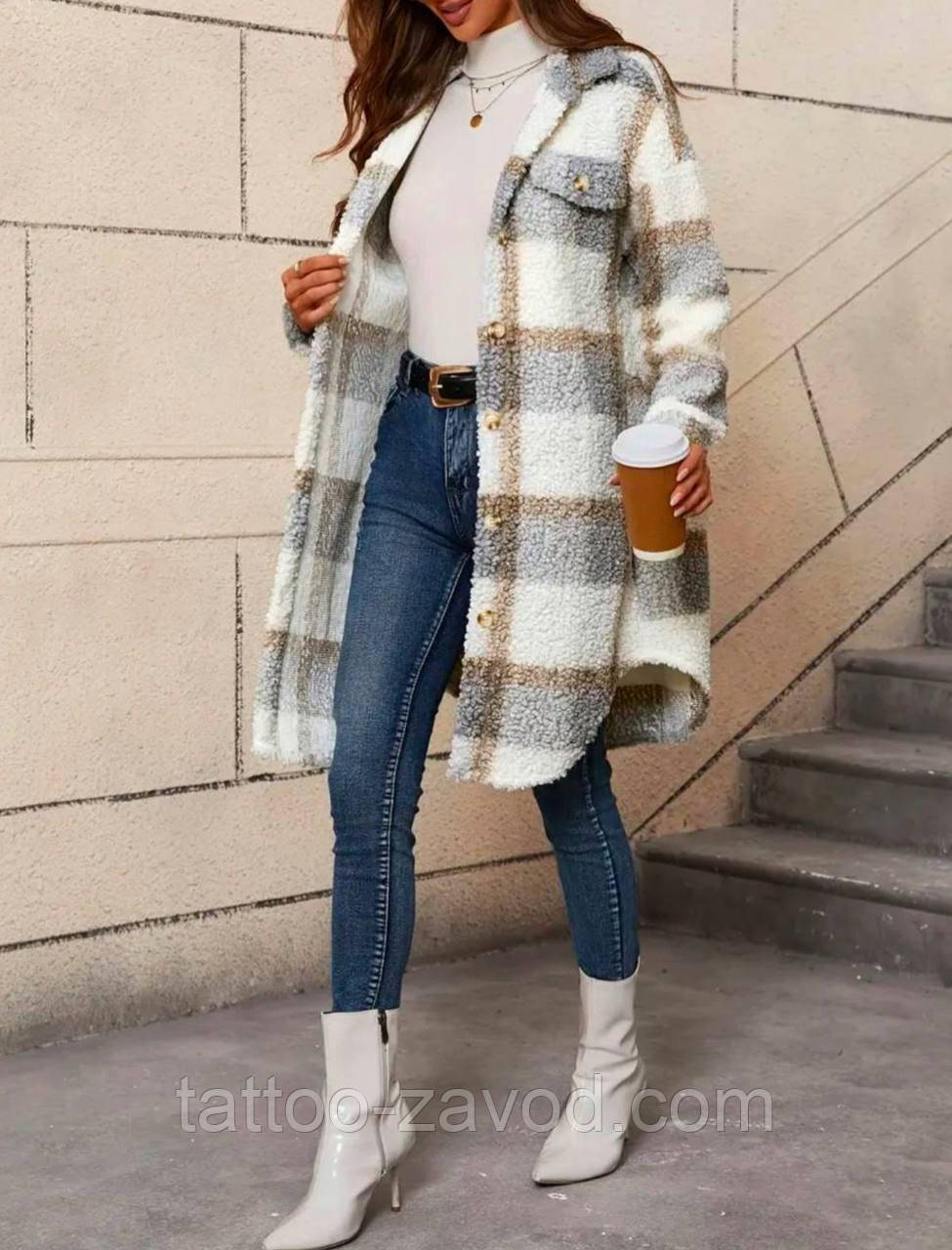 Тепла сорочка подовжена жіноча картата на ґудзиках 42-46 48-52 54-56, фото 1