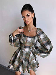 Жіноче корсетне картате плаття з об'ємними рукавами ліхтариками та подвійною спідницею з байки, розміри S, M