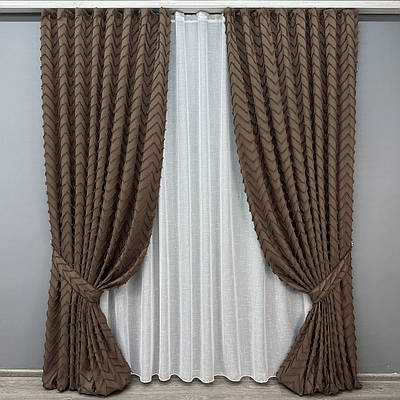 Комплект (2шт 1x2,7м + 3х2,7м) штор Льон Букле з тюлем, колір коричневий з білим (1814ш-115т) 71-037/1