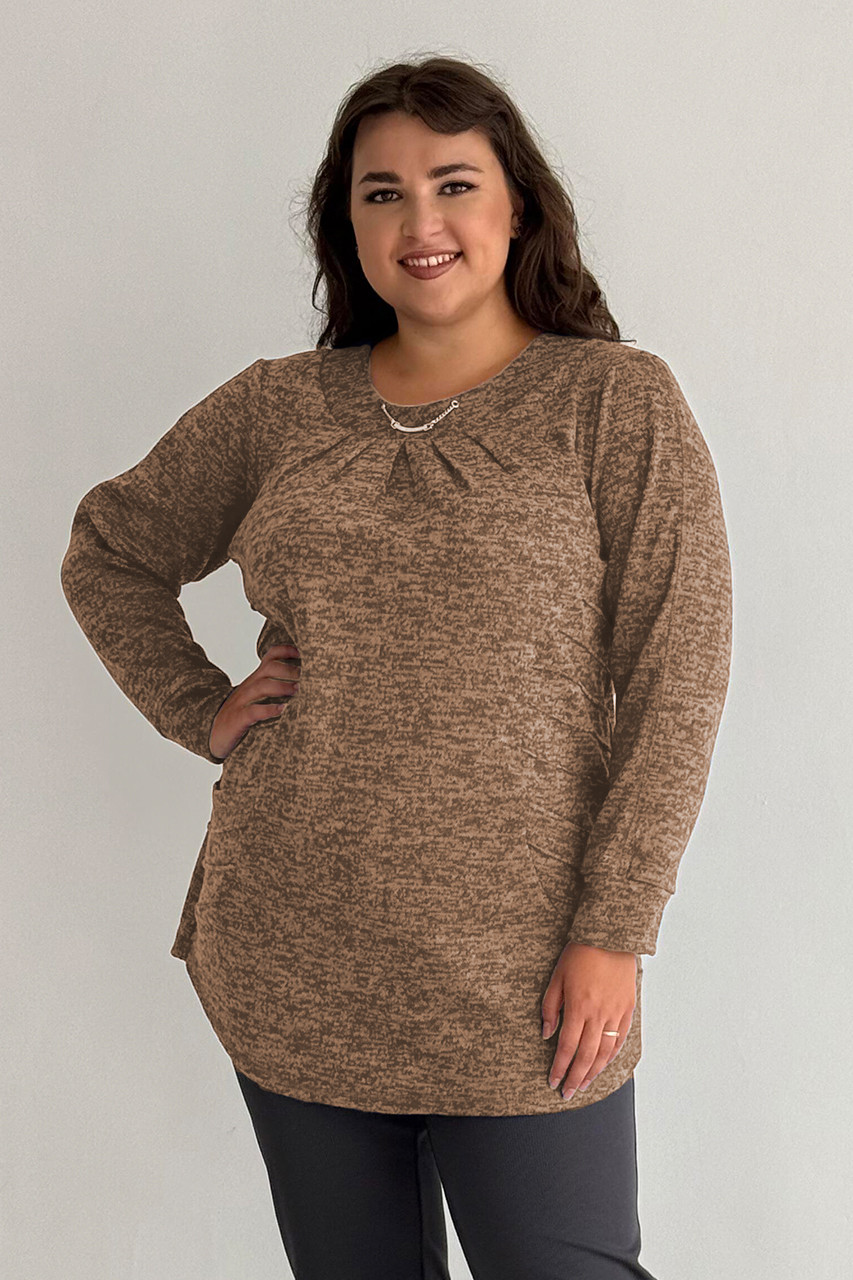 Жіноча туніка батал трикотажна великих розмірів 52-66 з кишенями повсякденна бежева