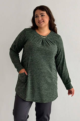 Трикотажна туніка батал жіноча зелена з двома кишенями довгим рукавом стильна, фото 1