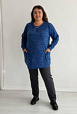 Жіноча туніка батал синя трикотажна довгий рукав зручна з двома кишенями, фото 2