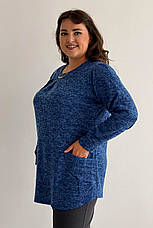 Жіноча туніка батал синя трикотажна довгий рукав зручна з двома кишенями, фото 3