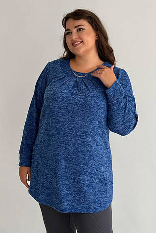 Жіноча туніка батал синя трикотажна довгий рукав зручна з двома кишенями, фото 1