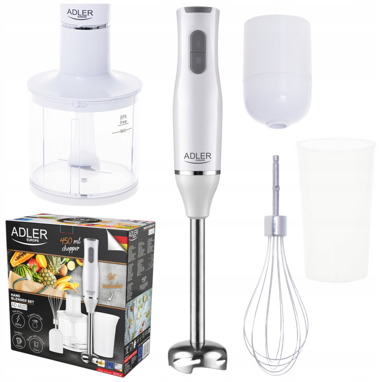 Блендер ручний занурювальний 3в1 Adler з насадками Блендер-подрібнювач універсальний потужний 800Вт 2 швидкості, фото 1