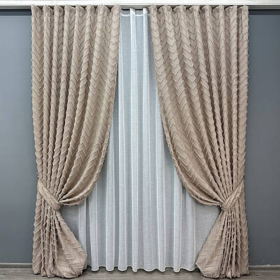 Комплект (2шт 1x2,7м + 3х2,7м) штор Льон Букле з тюлем, колір пудровий з білим (1813ш-115т) 71-039/1