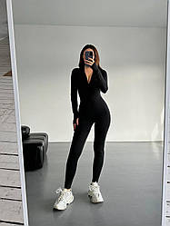 Модний жіночий осінній чорний комбінезон із блискавкою на флісі на кожен день мікродайвінг розріз для пальчика
