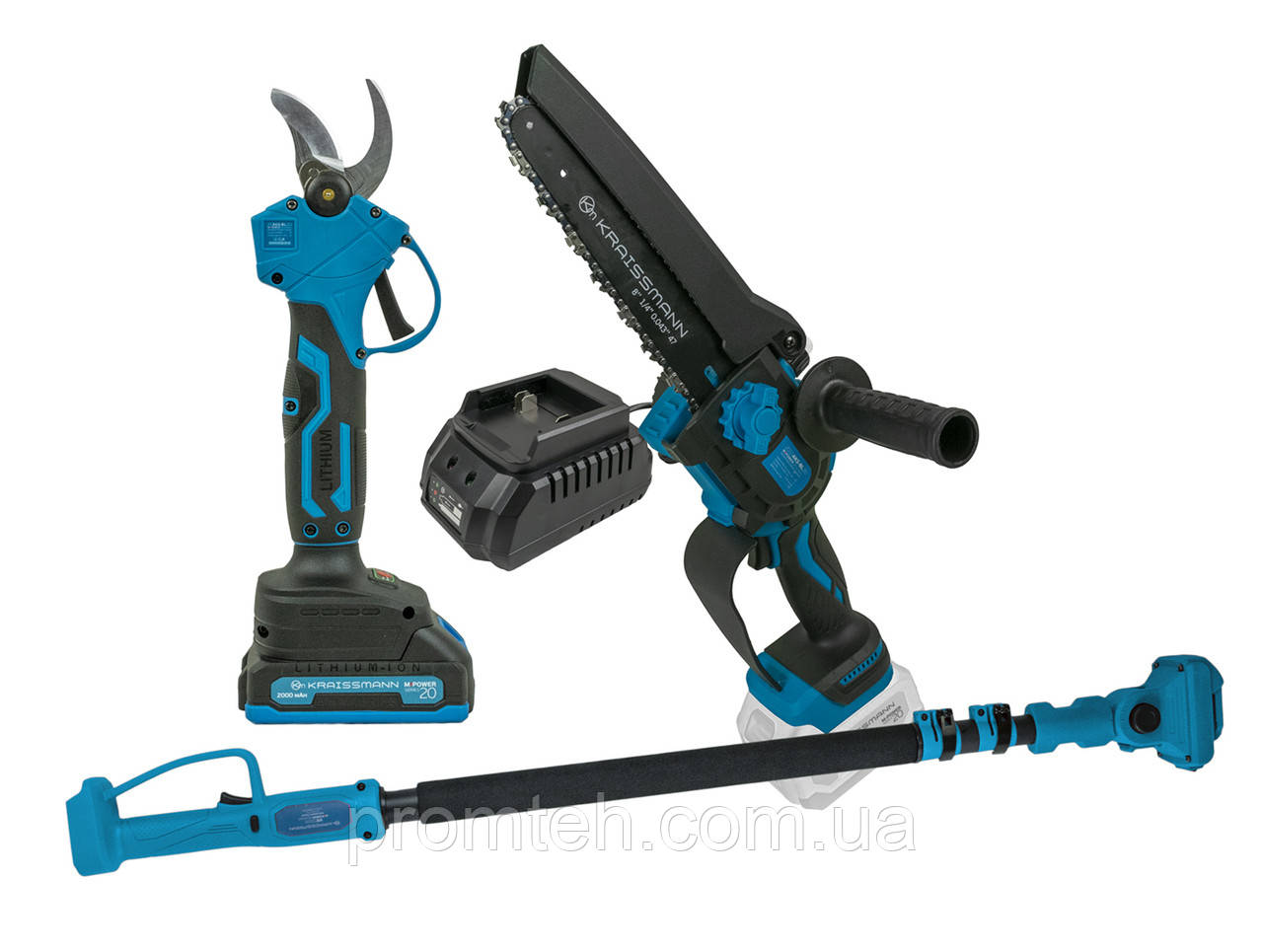 Секатор (25 мм), міні-пила, подовжувач (2 м) та акум. 2000 мАг KRAISSMANN, фото 1