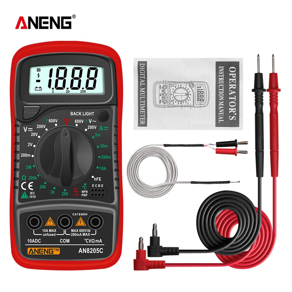 Мультиметр з термопарою ANENG AN8205C, батарейка, червоний, фото 1