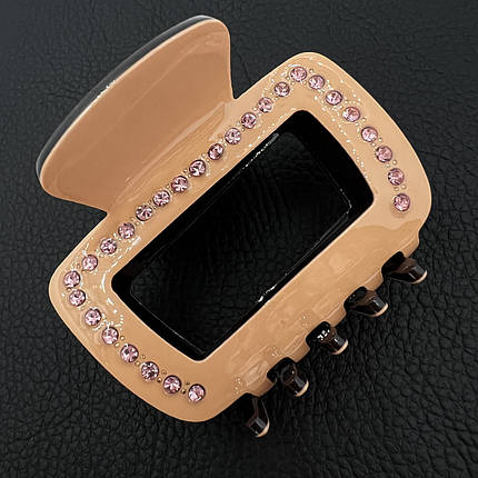 Краб для волоc акриловый глянцевый холодного персикого цвета с розовыми кристаллами размер 5х6.5 см, фото 1