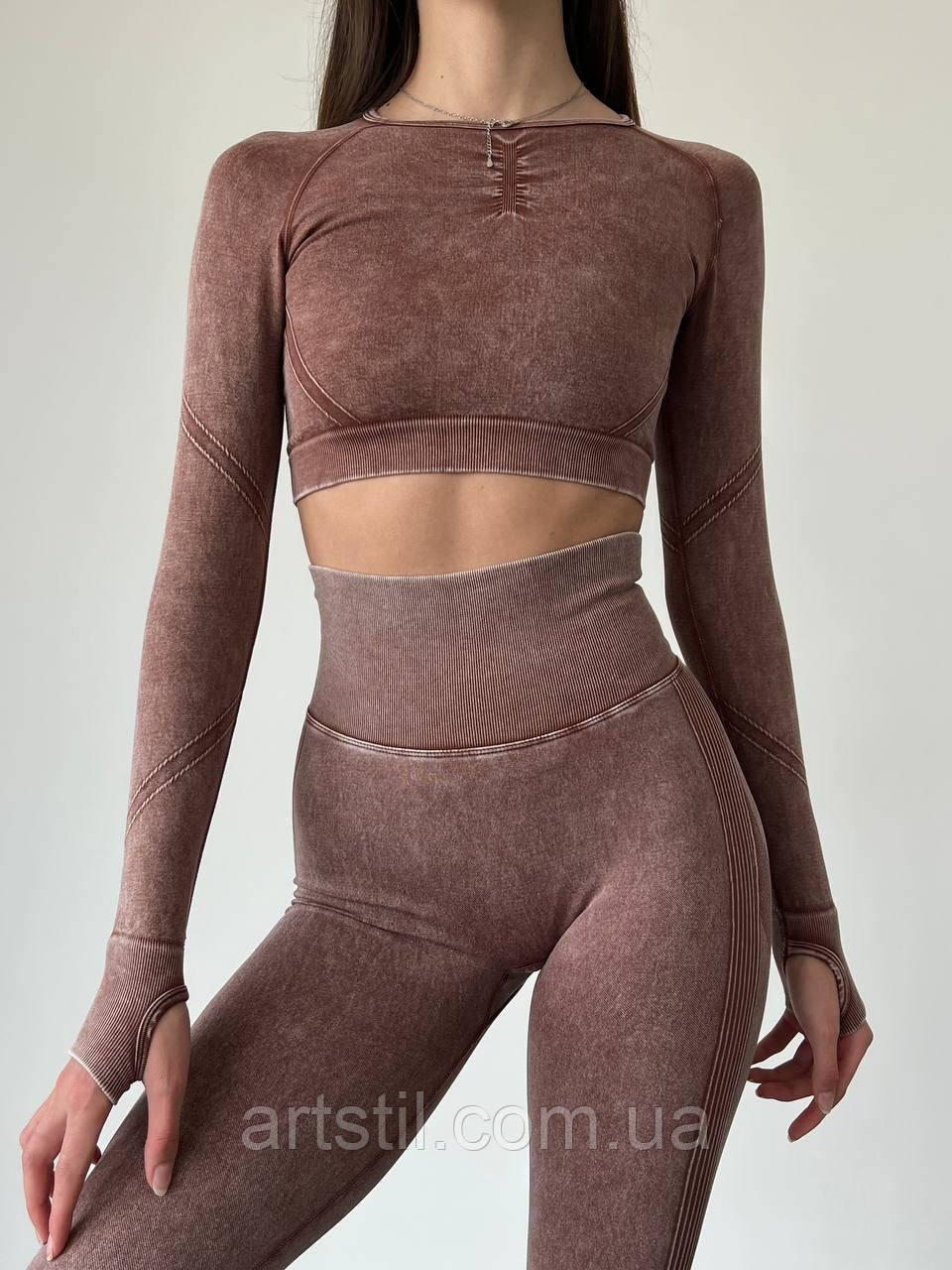 Фітнес костюм двійка легінси і рашгард , коричневого кольору з подвійним пуш-ап, фото 1