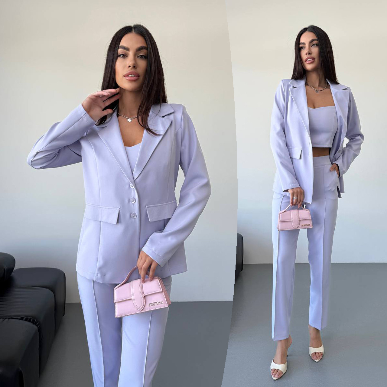 Лавандовий стильний жіночий костюм-трійка: штани, топ і піджак, фото 1
