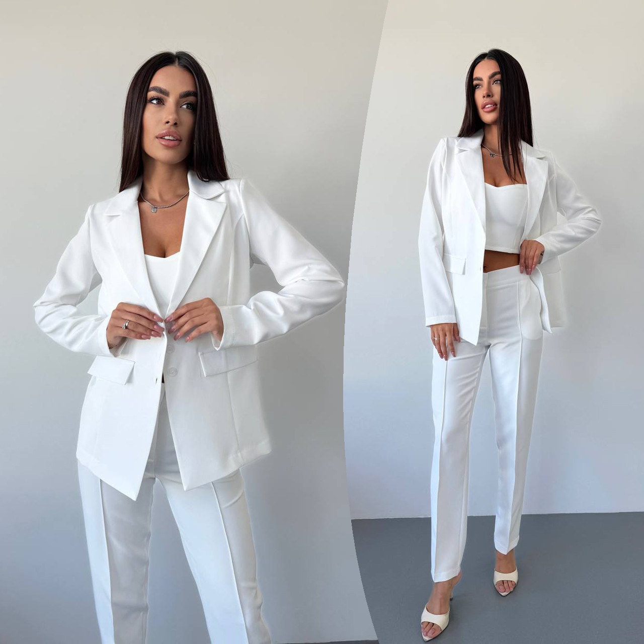 Молочний стильний жіночий костюм-трійка: штани, топ і піджак, фото 1