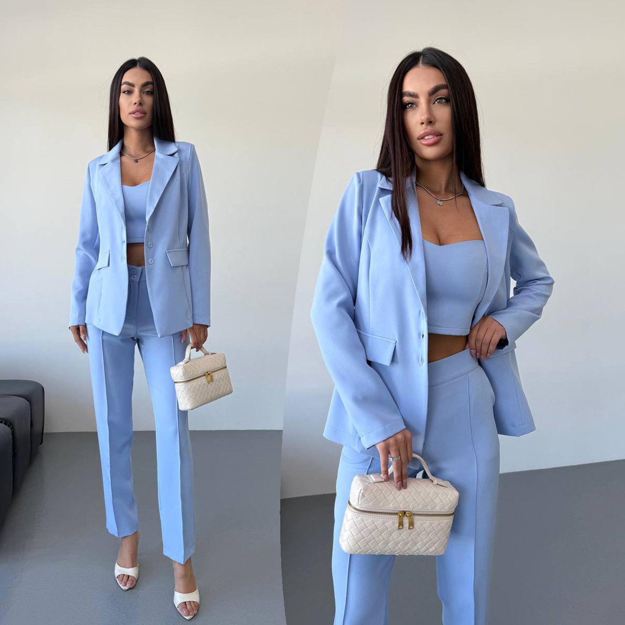 Блакитний стильний жіночий костюм-трійка: штани, топ і піджак, фото 1