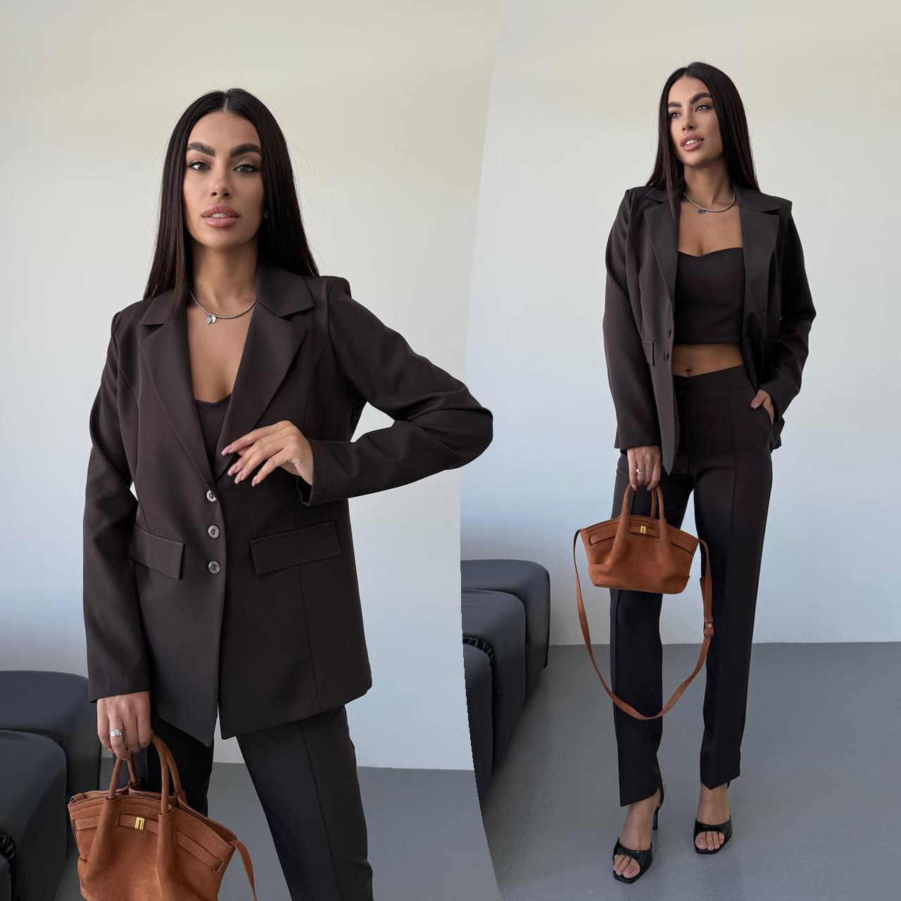 Коричневий стильний жіночий костюм-трійка: штани, топ і піджак, фото 1