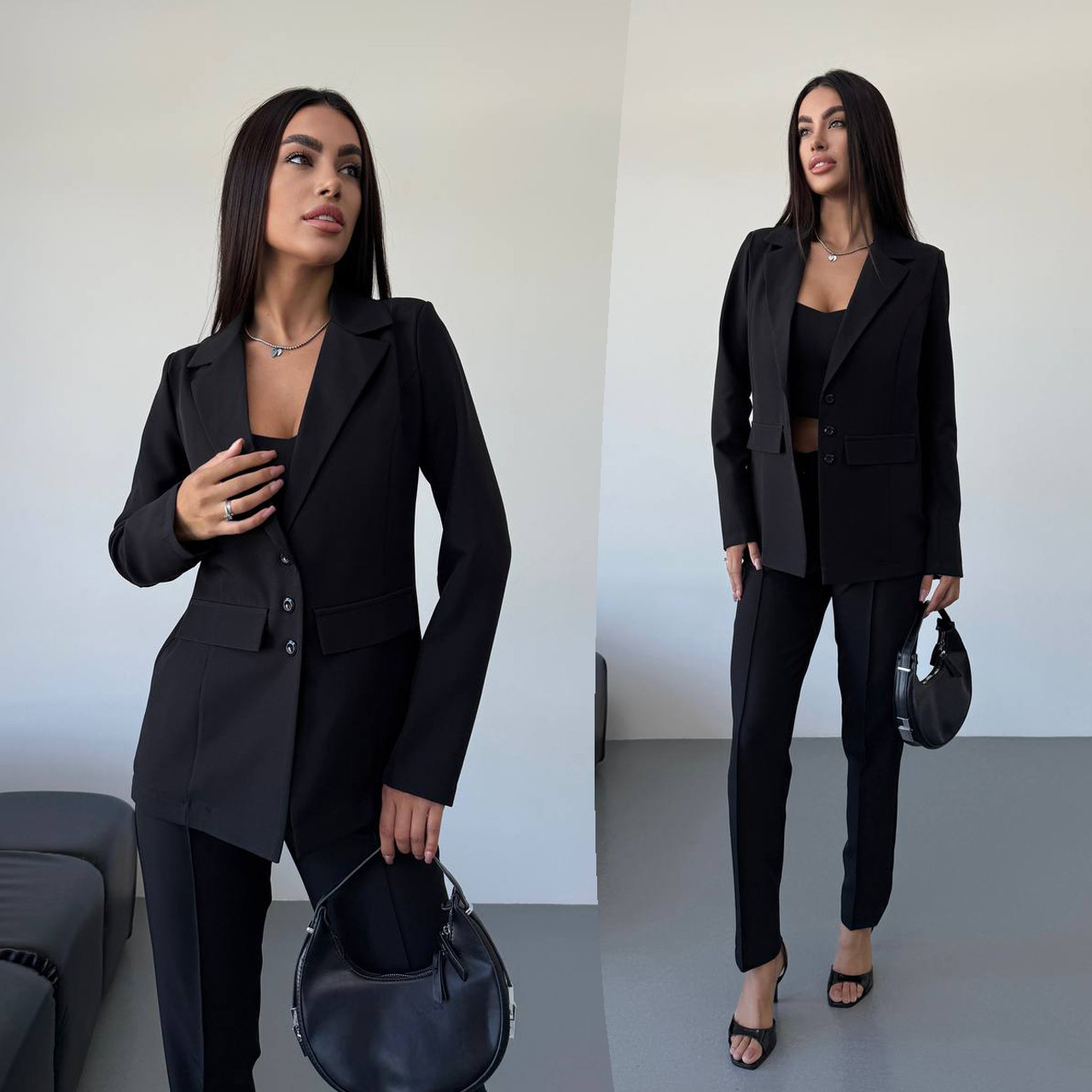 Чорний стильний жіночий костюм-трійка: штани, топ і піджак, фото 1