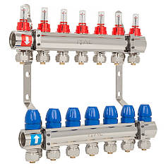 Колектор у зборі ITAL ЛАТУНЬ нік.  7 вих. з кріпленням 1" (витратомір + євроконус) {5}