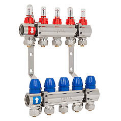 Колектор у зборі ITAL ЛАТУНЬ нік.  5 вих. з кріпленням 1" (витратомір + євроконус) {5}