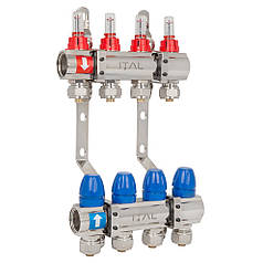 Колектор у зборі ITAL ЛАТУНЬ нік.  4 вих. з кріпленням 1" (витратомір + євроконус) {5}