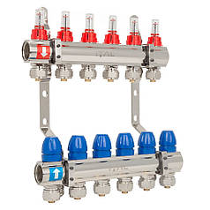 Колектор у зборі ITAL ЛАТУНЬ нік.  6 вих. з кріпленням 1" (витратомір + євроконус) {5}