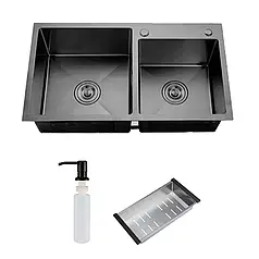 ID 7541-B мийка подвійн.750x410x215мм,  (3.0/0.8), сифон, дозатор  кошик, PVD Black {1/1}