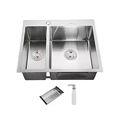 ID 575 485  мийка подвійн..575x485x215мм, (3.0/0.8мм), SUS 304 сифон, дозатор, кошик, Satin {1/1}