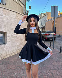 Жіноча базова чорна міні сукня в шкільному стилі довгий рукав з білим коміром пишна спідниця крепдайвінг