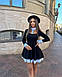 Жіноча базова чорна міні сукня в шкільному стилі довгий рукав з білим коміром пишна спідниця крепдайвінг, фото 3