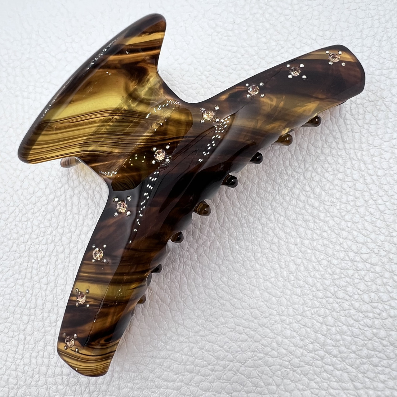 Краб для волосся акриловий глянсовий із візерунками бурштинового коричневого кольору зі стразами розмір 3.5х9.5 см