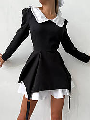 Жіноча базова чорна міні сукня в шкільному стилі довгий рукав з білим коміром дайвінг пишна спідниця