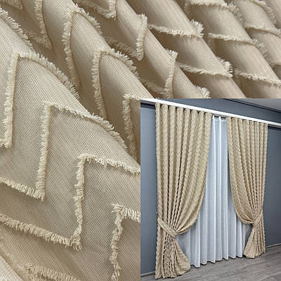 Комплект штор (2шт. 1,5х2,95м.) Льон Букле. Колір кремовий. Код 1807ш 33-0783