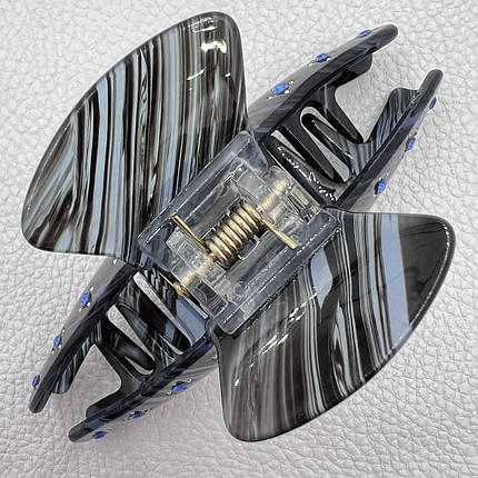 Краб для волосся акриловий глянсовий із візерунками чорно-білого кольору з білими камінчиками розмір 3.5х9.5 см, фото 2