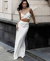 Жіноча стильна літня однотонна романтична атласна спідниця-міді на гумці 107 Розміри 42-44, 46 -48