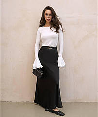 Жіноча стильна літня однотонна романтична атласна спідниця-міді на гумці 107 Розміри 42-44, 46 -48