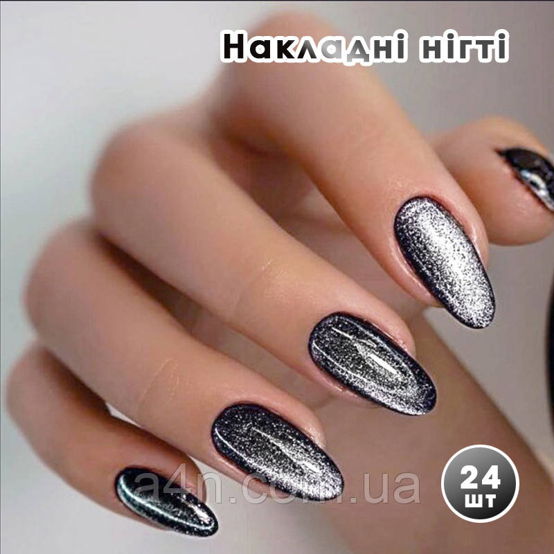 Накладні нігті 24 шт. котяче око, чорні + клейові стики для нігтів, типси мигдаль для манікюру, фото 1