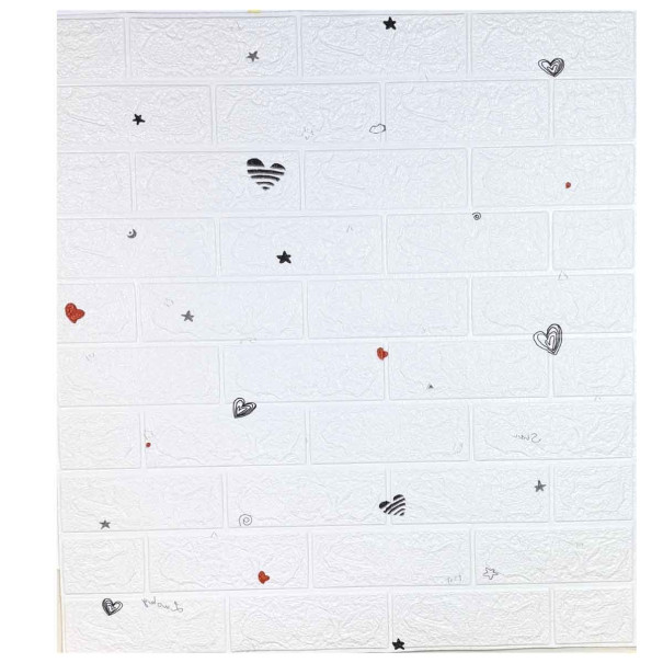 Настінна 3D панель самоклейка Біла цегла Зірки+Сердечка 700х770х3мм, фото 1