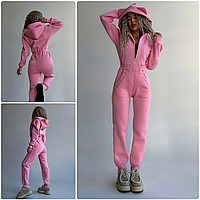 Комбінезон жіночий зимовий на флісі трьохнитка з вушками капюшоном і кишенями теплий Рожевий