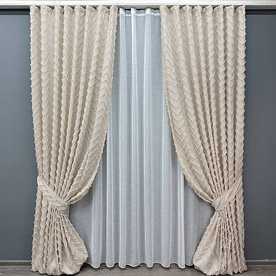 Комплект (2шт 1x2,7м + 3х2,7м) штор Льон Букле з тюлем, колір айворі з білим (1806ш-115т) 71-042/1