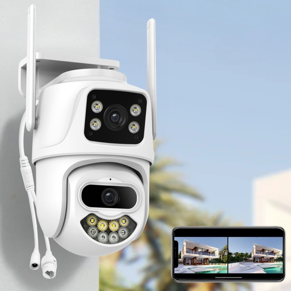 Вулична WiFi камера відеоспостереження з 2 об'єктивами та датчиком руху поворотна зовнішня IP камера, фото 1