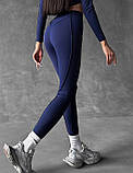 Темно-сині легінси для тренувань з швами на зовні, лосіни з імітацією білизни, фото 9