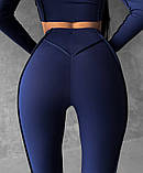 Темно-сині легінси для тренувань з швами на зовні, лосіни з імітацією білизни, фото 4