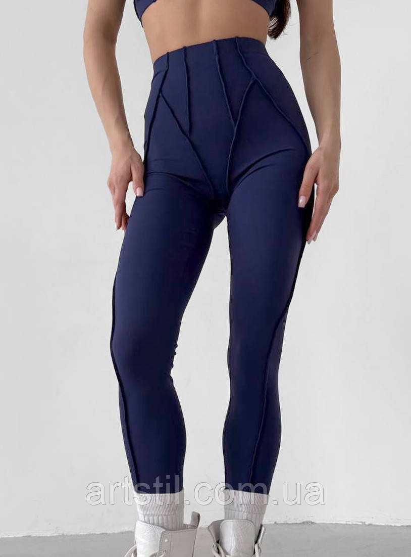 Темно-сині легінси для тренувань з швами на зовні, лосіни з імітацією білизни, фото 1