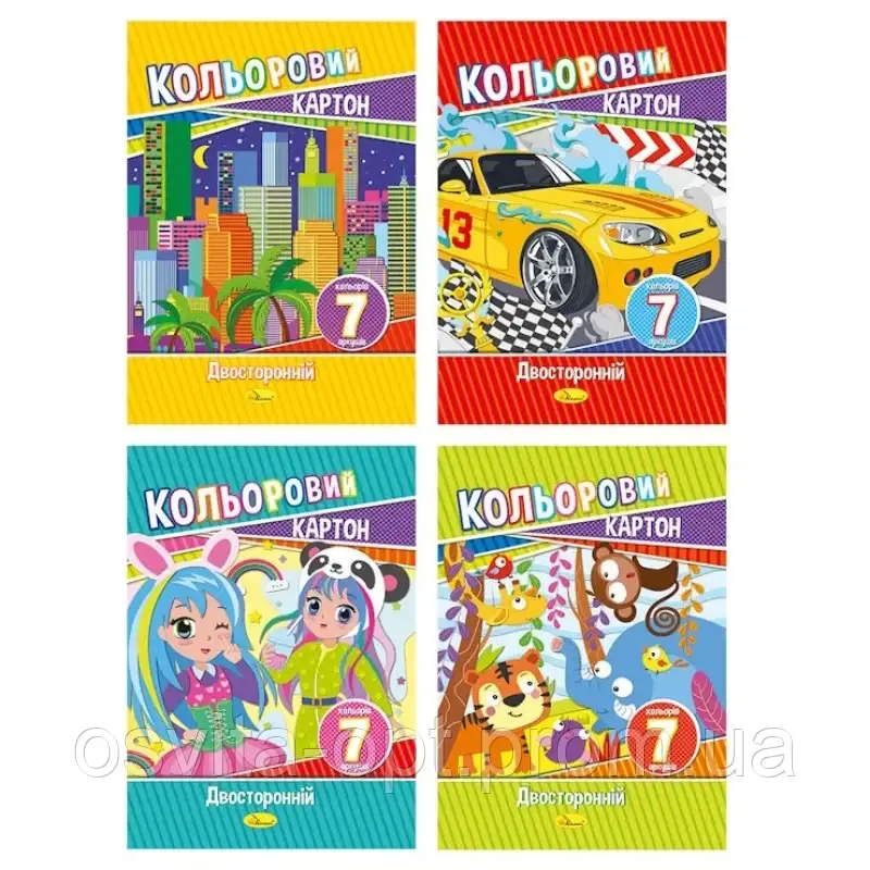 Набір кольорового картону А4 (двосторонній), 7 арк., 230 г/м2, фото 1
