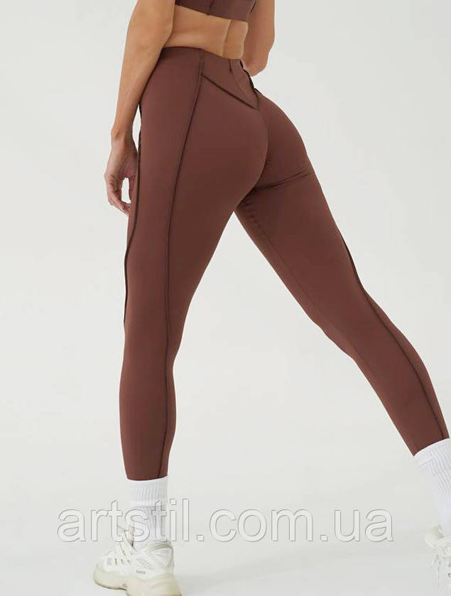 Коричневі легінси для тренувань з швами на зовні, лосіни з імітацією білизни, фото 1