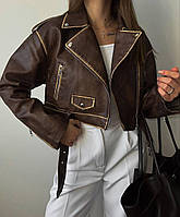 Коричнева коротка жіноча куртка косуха оверсайз з екошкіри на підкладі No2457