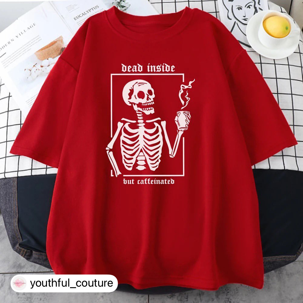 Жіноча стильна оверсайз Футболка LOYS з принтом Скелет п'є Каву Червоний, фото 1