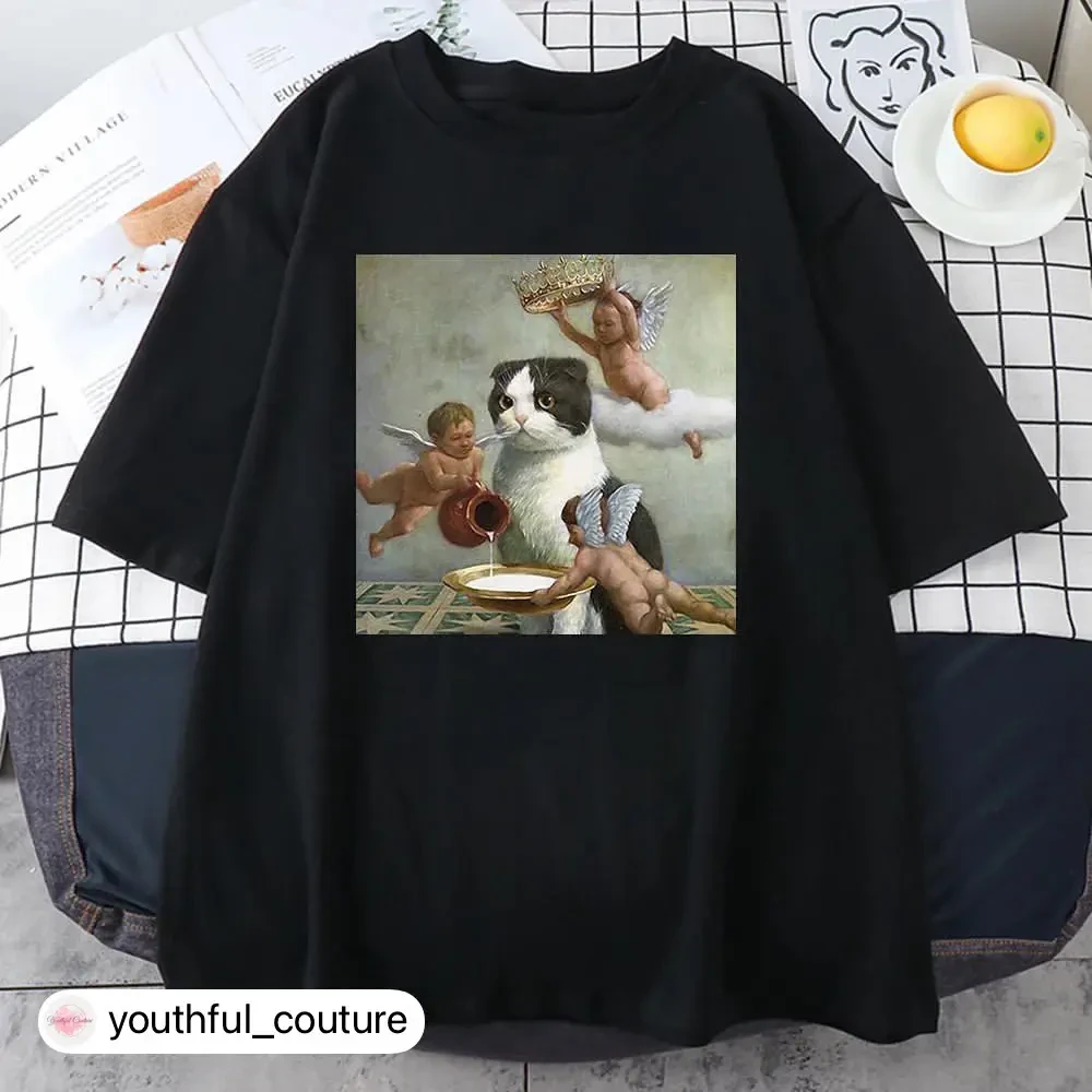 Жіноча стильна оверсайз Футболка LOYS з принтом Кіт та Ангели Чорний, фото 1